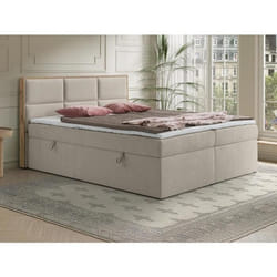 Ensemble complet literie déco tête de lit encadré bois + sommiers coffre + matelas + surmatelas - 160 x 200 cm - Tissu - Beige -