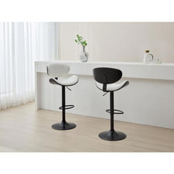 Lot de 2 tabourets de bar en tissu bouclette placage frêne et métal - Hauteur réglable - Blanc et Noir - MONTENEGRO