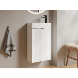 Meuble pour lave main strié porte réversible blanc - H60 x L40 x P22 - VAHIRA