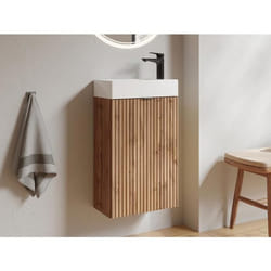 Meuble pour lave main strié porte réversible naturel clair - H60 x L40 x P22 - VAHIRA