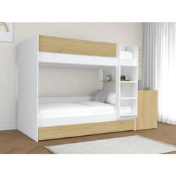 Lit superposé avec tiroir lit gigogne et 2 bureaux 3 x 90 x 190 cm - Coloris : Blanc et naturel + Matelas - DOMATI