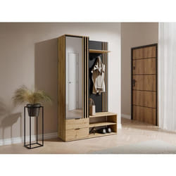 Vestiaire avec miroir et rangements - Naturel et Noir - JANAKIA