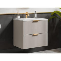 Meuble de salle de bain suspendu strié avec vasque à encastrer - Beige - 60 cm - ZEVARA