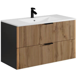 Meuble de salle de bain suspendu avec vasque à encastrer - Naturel clair et noir - 100 cm - MADELA
