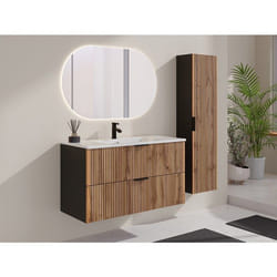 Meuble De Salle De Bain Suspendu Strié Avec Vasque À Encastrer Et Colonne - Naturel Clair Et Noir - 100 Cm - Madela