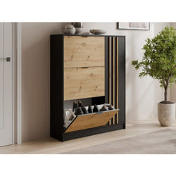 Vente-unique - Meuble À Chaussures Avec 1 Porte Et 3 Compartiments Abattants - Naturel Et Noir - Janakia
