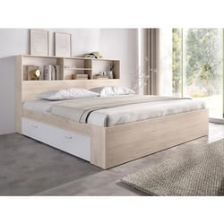 Lit 140 x 190 cm avec rangements - Coloris : Naturel et blanc + Sommier - VARDIEL