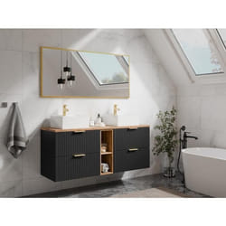 Meuble de salle de bain suspendu strié avec niches et double vasque à poser carrée - Noir et naturel clair - L140 cm - ZEVARA