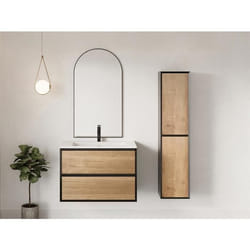 Meuble de salle de bain suspendu avec vasque à encastrer et colonne - Coloris naturel clair et noir - 80 cm - LANNICK