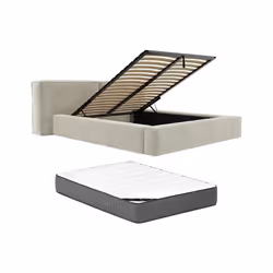 Lit coffre 200 x 200 cm - Tissu bouclette - Beige + Matelas - TIMANO de Pascal Morabito