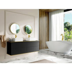 Vente-unique - Meuble De Salle De Bain Suspendu Strié Liseré Doré Avec Double Vasque À Poser Carrée - Noir - 150 Cm - Keliza