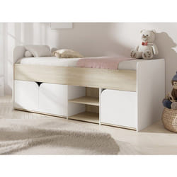 Vente-unique - Lit 90 X 190 Cm Avec Rangements - Coloris : Naturel Et Blanc + Sommier + Matelas - Lostya