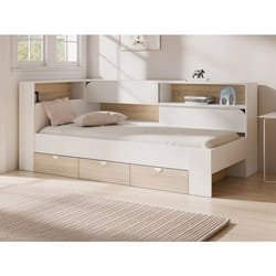 Vente-unique - Lit 90 X 190 Cm Avec Rangements - Coloris : Blanc Et Naturel + Sommier + Matelas - Tamadu