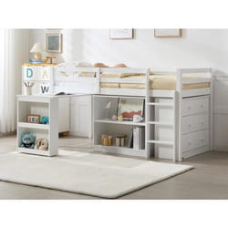 Lit combiné 90 x 190 cm avec rangements et bureau extensible - Pin et MDF - Blanc + Matelas - ABRENO