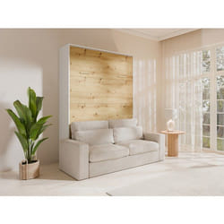 Vente-unique - Lit Escamotable 160 X 200 Cm - Ouverture Verticale Manuelle - Coloris : Naturel Et Blanc + Canapé - Beganio