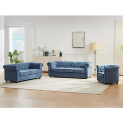 Canapés 3 places 2 places et un fauteuil en tissu bleu CHESTERFIELD