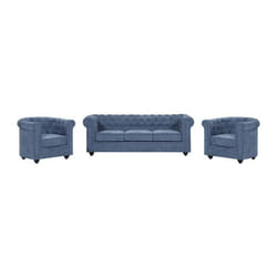 Canapé 3 places et 2 fauteuils en tissu bleu CHESTERFIELD