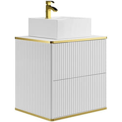 Meuble de salle de bain suspendu strié liseré doré avec vasque à poser carrée - Blanc - L60 cm - KELIZA