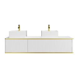 Meuble de salle de bain suspendu strié liseré doré 2 tiroirs avec double vasque à poser carrée - Blanc - 150 cm - KELIZA