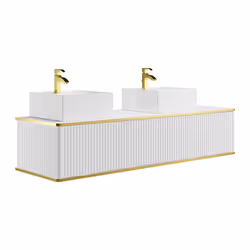 Meuble de salle de bain suspendu strié liseré doré 2 tiroirs avec double vasque à poser carrée - Blanc - 150 cm - KELIZA - Vue supplémentaire 2