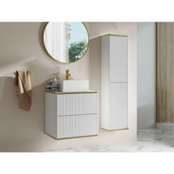 Meuble de salle de bain suspendu strié avec vasque à poser carrée et colonne - Blanc - 60 cm - KELIZA