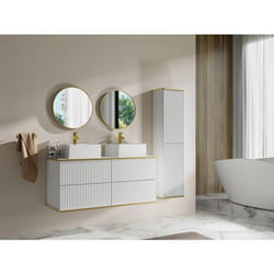 Meuble de salle de bain suspendu strié avec double vasque à poser carrée et colonne - Blanc - 120 cm - KELIZA