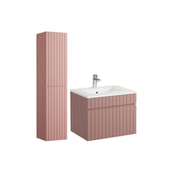 Meuble De Salle De Bain Suspendu Strié Rose Avec Vasque À Encastrer Et Colonne - 60 Cm - Satara
