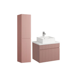 Meuble De Salle De Bain Suspendu Strié Rose Avec Vasque À Poser Et Colonne - 60 Cm - Satara