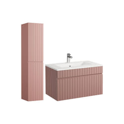 Meuble De Salle De Bain Suspendu Strié Rose Avec Vasque À Encastrer Et Colonne - 80 Cm - Satara
