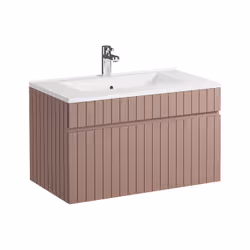Meuble De Salle De Bain Suspendu Strié Rose Avec Vasque À Encastrer Et Colonne - 80 Cm - Satara - Vue supplémentaire 2
