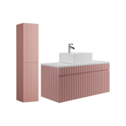 Meuble De Salle De Bain Suspendu Strié Rose Avec Vasque À Poser Et Colonne - 100 Cm - Satara
