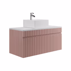 Meuble De Salle De Bain Suspendu Strié Rose Avec Vasque À Poser Et Colonne - 100 Cm - Satara - Vue supplémentaire 2