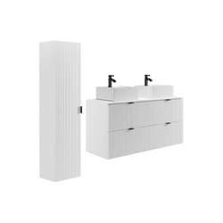 Meuble De Salle De Bain Suspendu Strié Avec Vasque À Poser Carrée Et Colonne - Blanc Mat - 120 Cm - Zevini