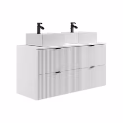 Meuble De Salle De Bain Suspendu Strié Avec Vasque À Poser Carrée Et Colonne - Blanc Mat - 120 Cm - Zevini - Vue supplémentaire 2