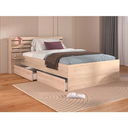 Lit 120 x 190 cm avec rangements - Coloris : Naturel + Sommier - TENALIA