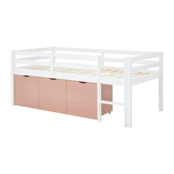 Lit Mi-hauteur 90 X 190 Cm Avec Rangement - Pin Et Mdf - Blanc Et Rose + Matelas - Laniori