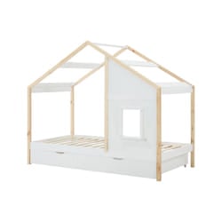 Lit Cabane 90 X 190 Cm Avec Tiroir - Pin Et Mdf - Coloris : Blanc Et Naturel + Matelas - Rinelya