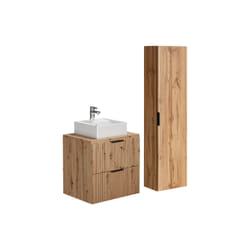 Meuble De Salle De Bain Suspendu Strié Avec Vasque À Poser Et Colonne - Naturel Clair - 60 Cm - Zevara