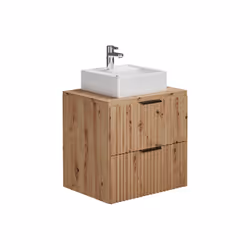 Meuble De Salle De Bain Suspendu Strié Avec Vasque À Poser Et Colonne - Naturel Clair - 60 Cm - Zevara - Vue supplémentaire 2