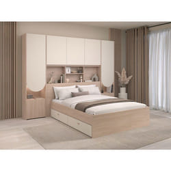 Lit pont 160 x 200 cm avec rangements - Avec LEDs - Coloris : Beige et naturel + Sommier - DOMELITO