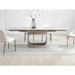 Table à manger extensible 6 à 10 personnes en céramique verre trempé et métal taupe - Effet marbre blanc - DAVULO de Maison Céphy