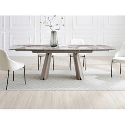 Table à manger extensible 6 à 10 personnes en céramique verre trempé et métal bronze - Effet marbre blanc et gris - FARUDI de