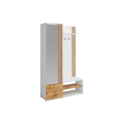 Vestiaire Avec Miroir Et Rangements - Blanc Et Naturel - Janakia
