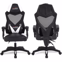 Amstrad AMS-309-WH Fauteuil / Chaise / Siège de bureau ou Gamer noir & blanc - Coussin lombaire - Tissu en maille respirante