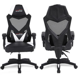 Amstrad AMS-309-WH Fauteuil / Chaise / Siège de bureau ou Gamer noir & blanc - Coussin lombaire - Tissu en maille respirante