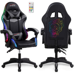 Amstrad AMS-900-LED-SKULL - Fauteuil gaming noir et gris - Serigraphie Tête de mort - Eclairage LED 366 effets - Télécommande