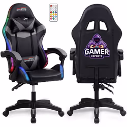 Amstrad AMS-900-LED-GAMER - Fauteuil gaming noir et gris - Serigraphie Gamer - Eclairage LED 366 effets - Télécommande