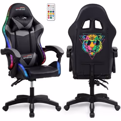 Amstrad AMS-900-LED-TIGER - Fauteuil gaming noir et gris - Serigraphie Tiger - Eclairage LED 366 effets - Télécommande