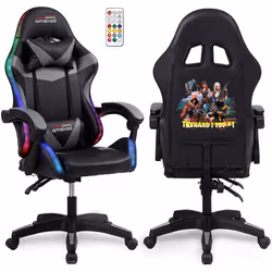 Amstrad AMS-900-LED-TOP1 - Fauteuil gaming noir et gris - Serigraphie TRY HARD FOR TOP 1 - Eclairage LED 366 effets Télécomma ...