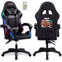 Amstrad AMS-900-LED-DRIVE - Fauteuil gaming noir et gris - Serigraphie DRIVE - Eclairage LED 366 effets - Télécommande